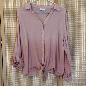 J Jill Womens L Ombre Dip Dye Tie Front Crinkle Pink Roll Tab Sleeves Boho Beach